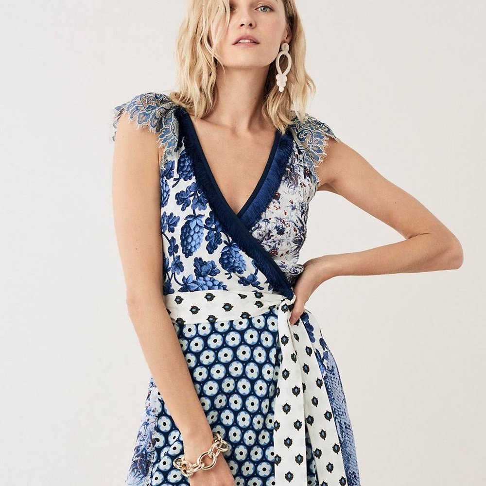 Diane Von Furstenberg Ava Silk Chiffon Multi Color Mix Print Wrap Midi Dress L